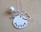 Personalized Mother's Necklace - Hand Stamped Name Necklace - Sterling Silver Name Charm with a Heart and a Cross