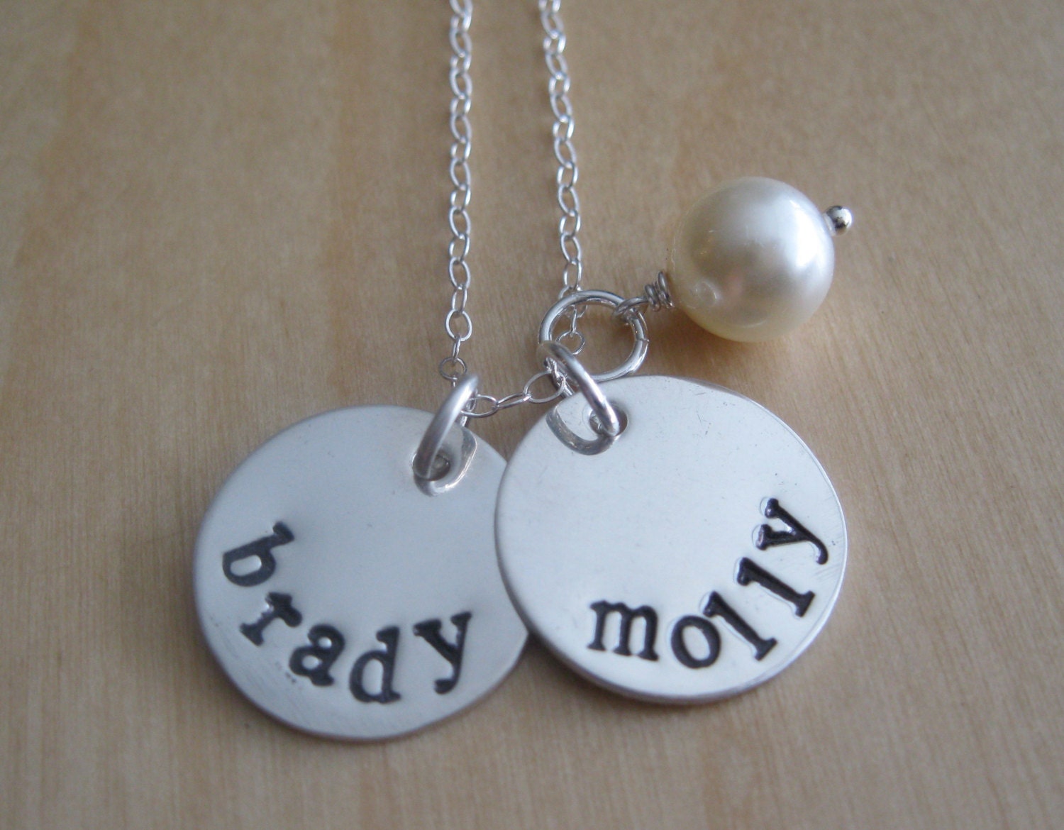 Personalized Mothers Necklace - Hand Stamped Name Necklace - Two Sterling Silver Name Charms with a Pearl