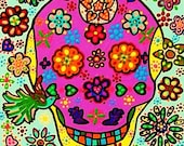 Blue Bird of Paradise' - FAYTH ORIGINAL Art PRINT - Mexican, Batik, Tapastry, Day Of The Dead, Talavera, Skeleton, Flowers, Sugar Skull