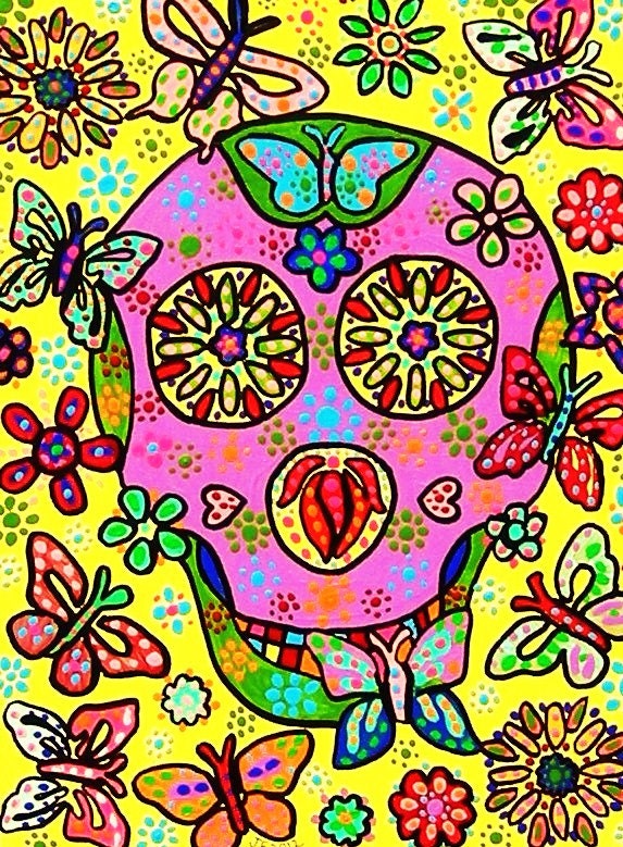 Sun Flower Butterfly' - FAYTH ORIGINAL Art PRINT - Mexican, Batik, Tapastry, Day Of The Dead, Talavera, Skeleton, Flowers, Sugar Skull