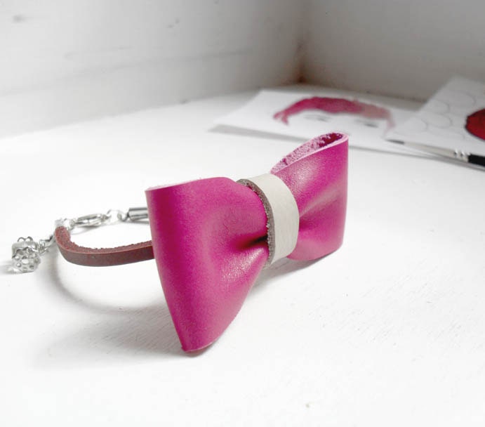 Hot pink bow bracelet - fuchsia leather bow with grey detail