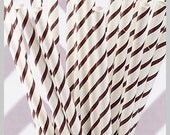 25 Brown Mocha Thin Striped Paper Straws with handmade scalloped white paper flags