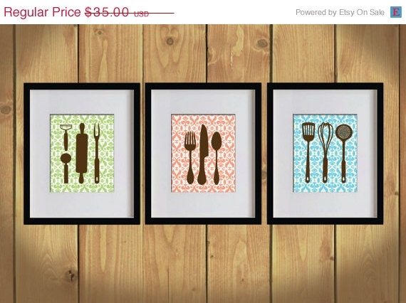 ON SALE Kitchen Art Print - Chevron, Dining Utensils, Cooking Utensils - Set of 3 - 8X10 - Apple Green, Orange, Sky Blue, Brown- No. KB006-