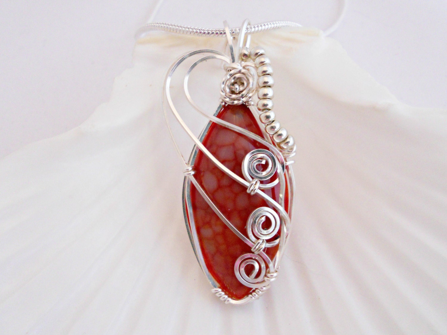 Wire Wrapped Jewelry, Pendant Necklace, Red Dragon Vein Agate, Handmade