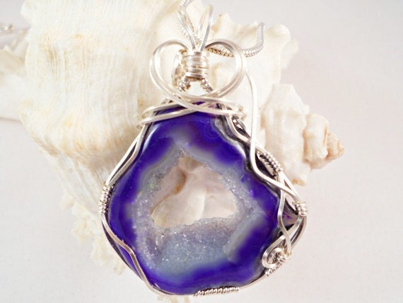 Geode Jewelry, Wire Wrapped Pendant Necklace, Purple Druzy Agate
