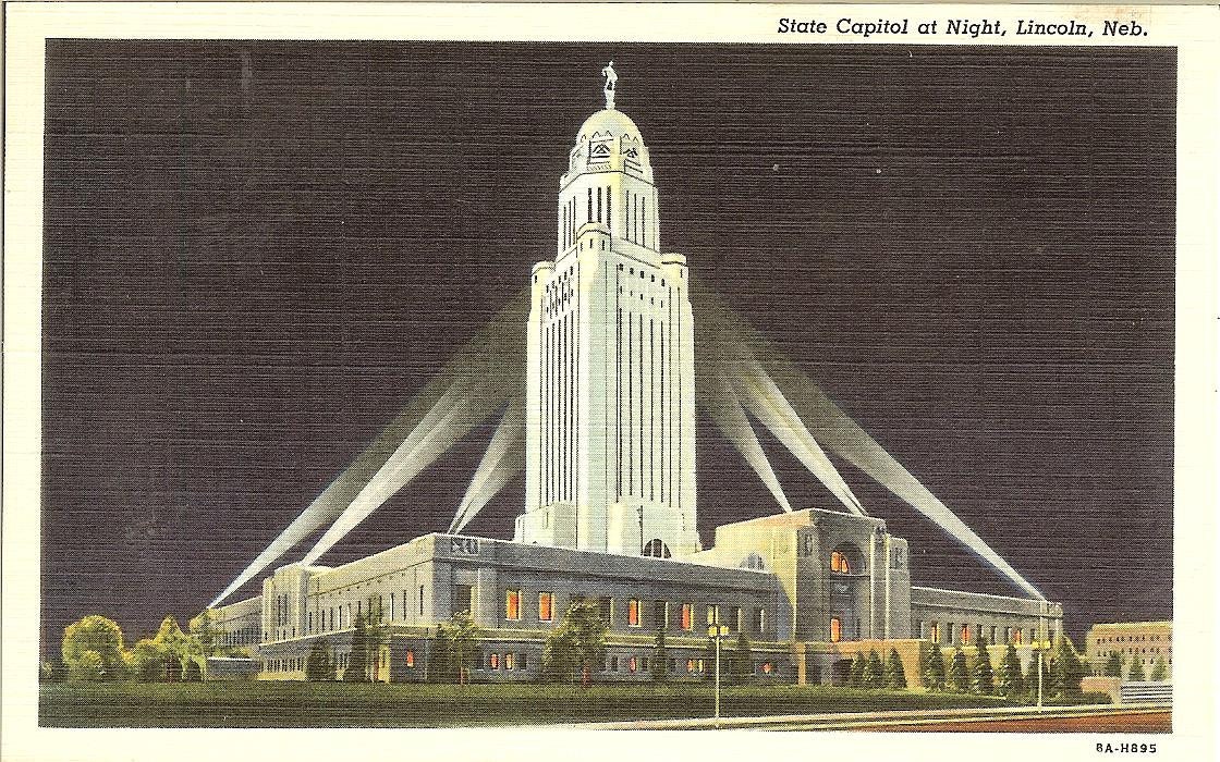 Vintage Capital at Night Lincoln Bebraska Postcard