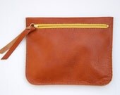 SADDLE BROWN - leather pouch, leather purse, leather wallet, sunflower yellow zipper, Limited Collection
