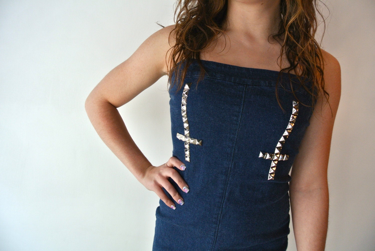 Custom Cross Studded Denim Dress