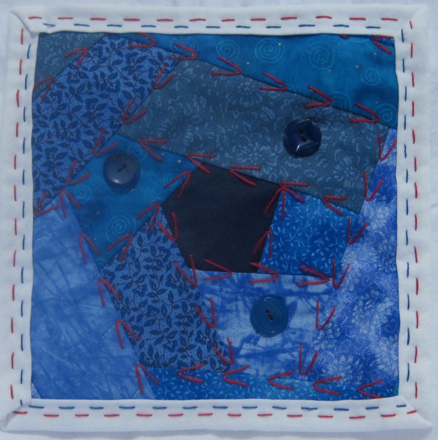 Red, White, and Blue Patriotic Crazy Quilt Candle Mat, Table Topper with Vintage Buttons, Reversible