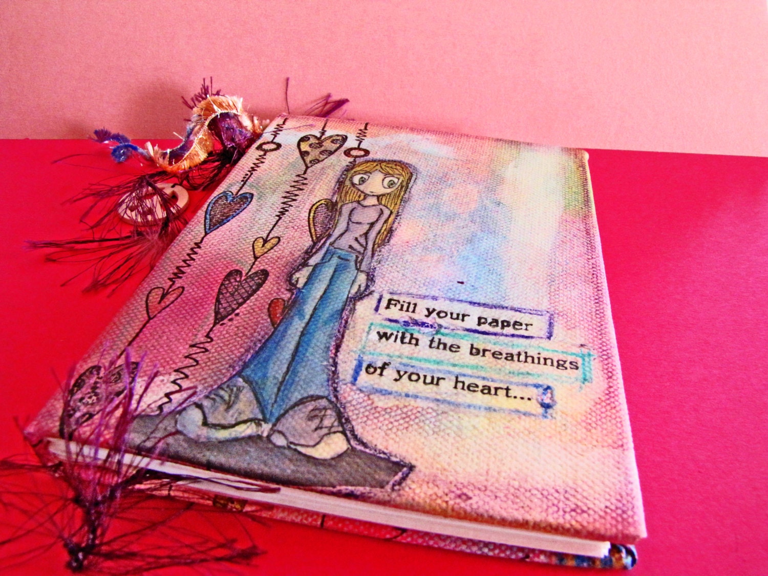 Handmade blank watercolor book , journal, notebook, sketchbook with painted canvas covers  in bright feminine colors