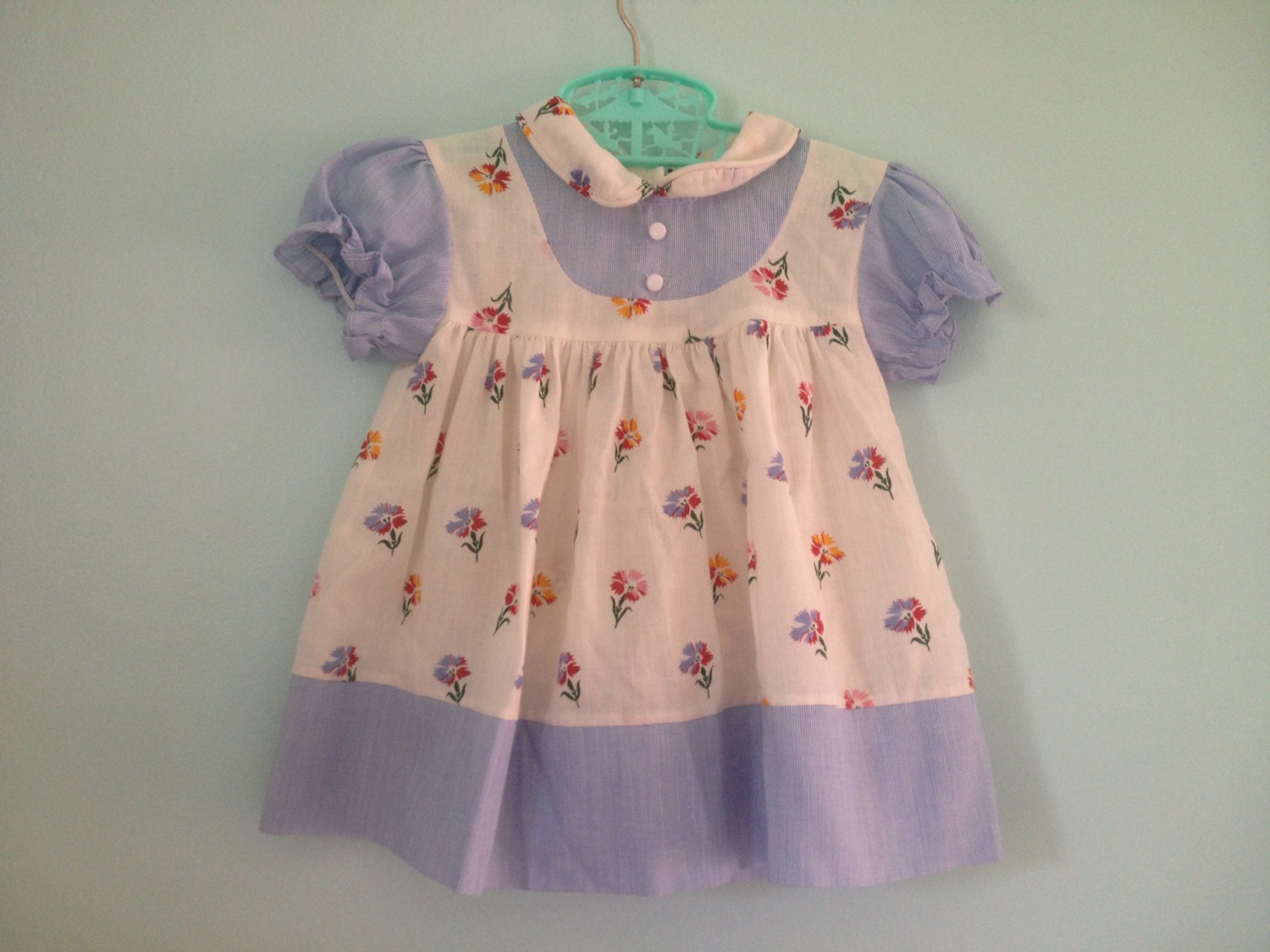 Vintage Flowers and Stripes Dress Blue White 12mo.