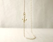 Gold sideways anchor necklace - center or side - nautical minimal jewelry