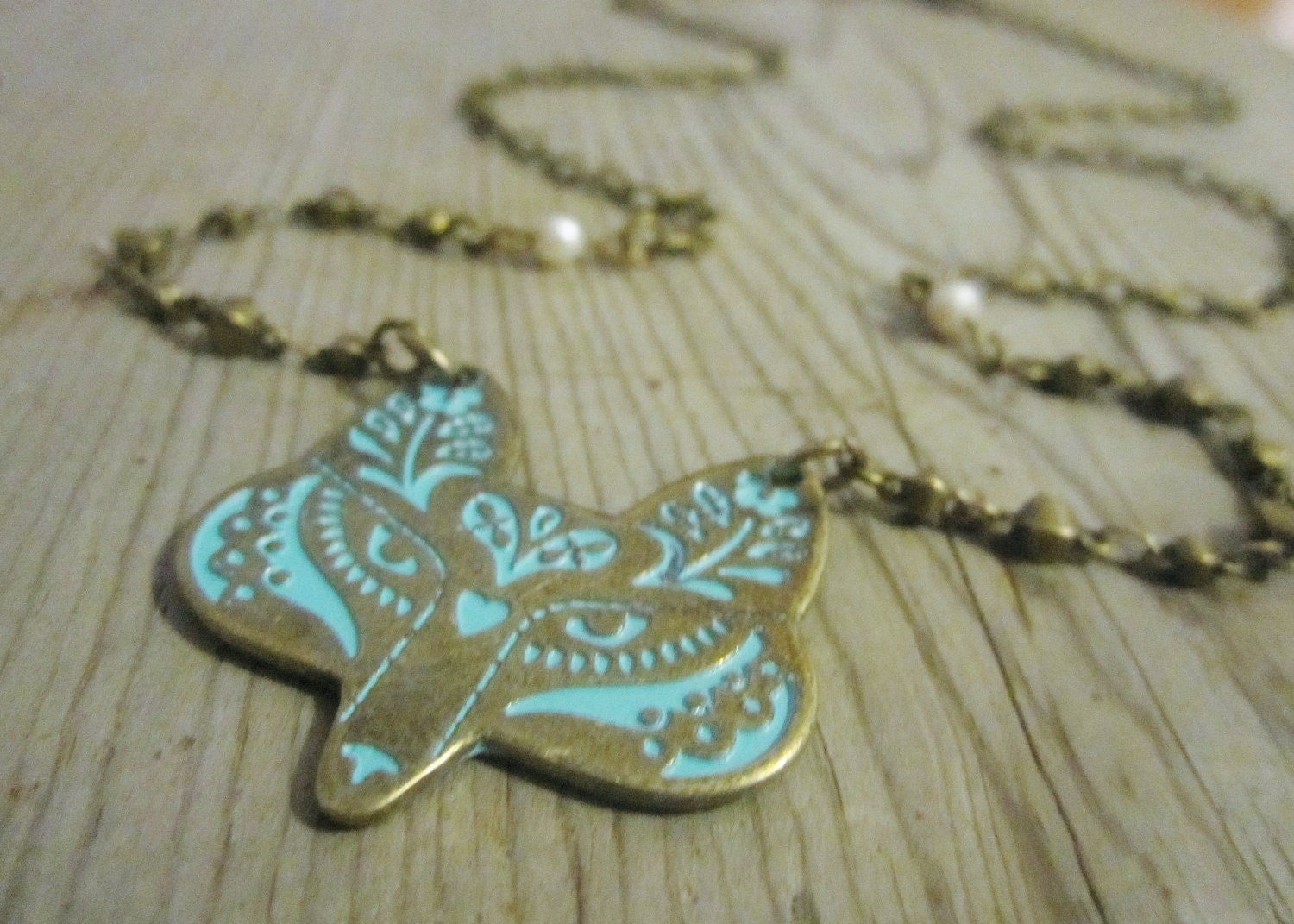 Patina Fox Necklace - fox charm with pearl accents brass hued chain