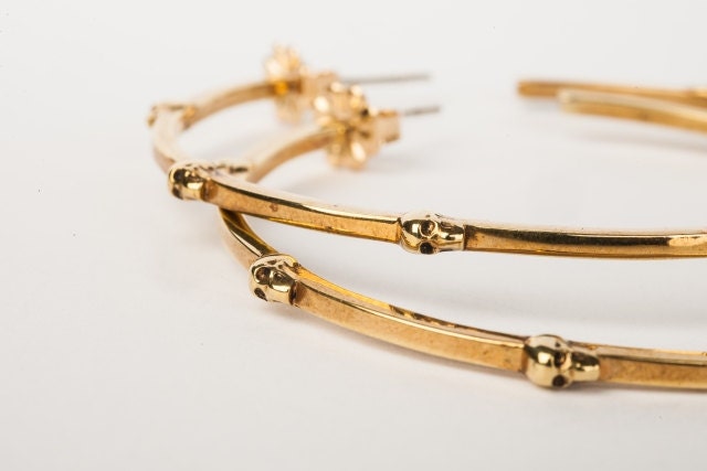 Day of the Dead Skull Hoop Earring Gold Plated Brass Rockabilly Jewelry Dia de los Muertos
