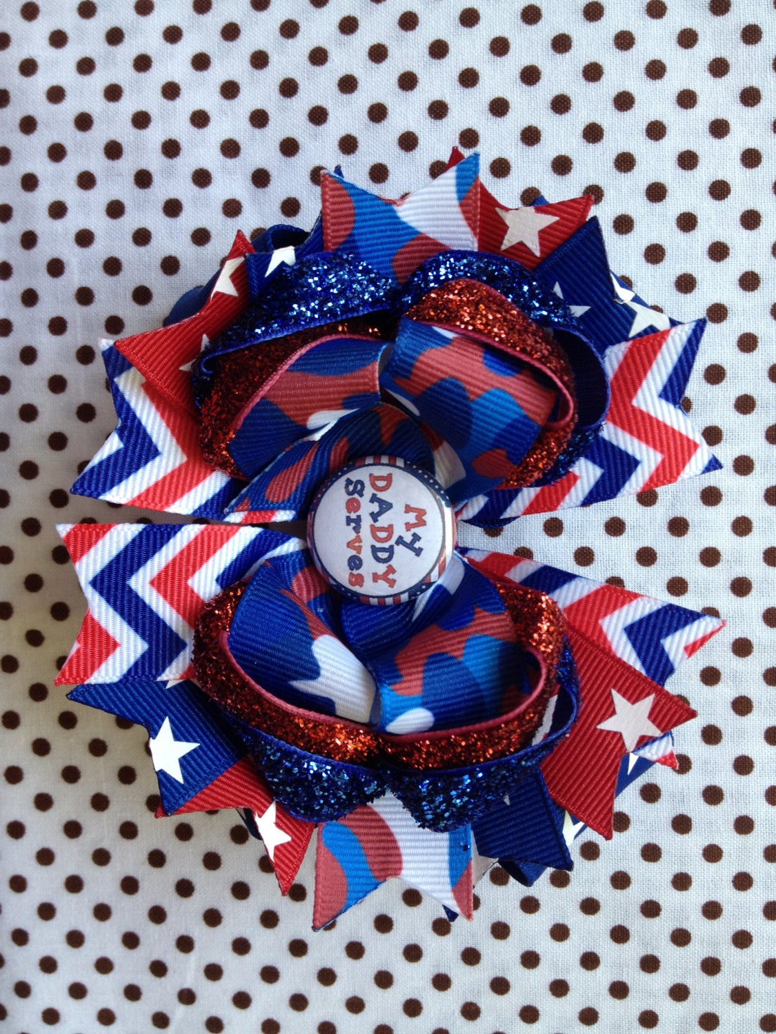 Camo, "My Daddy Serves," Chevron, Memorial Day, 4th of July, Boutique Hairbow -Ready To Ship- Cute As A Button Little Boutique - angelabrice