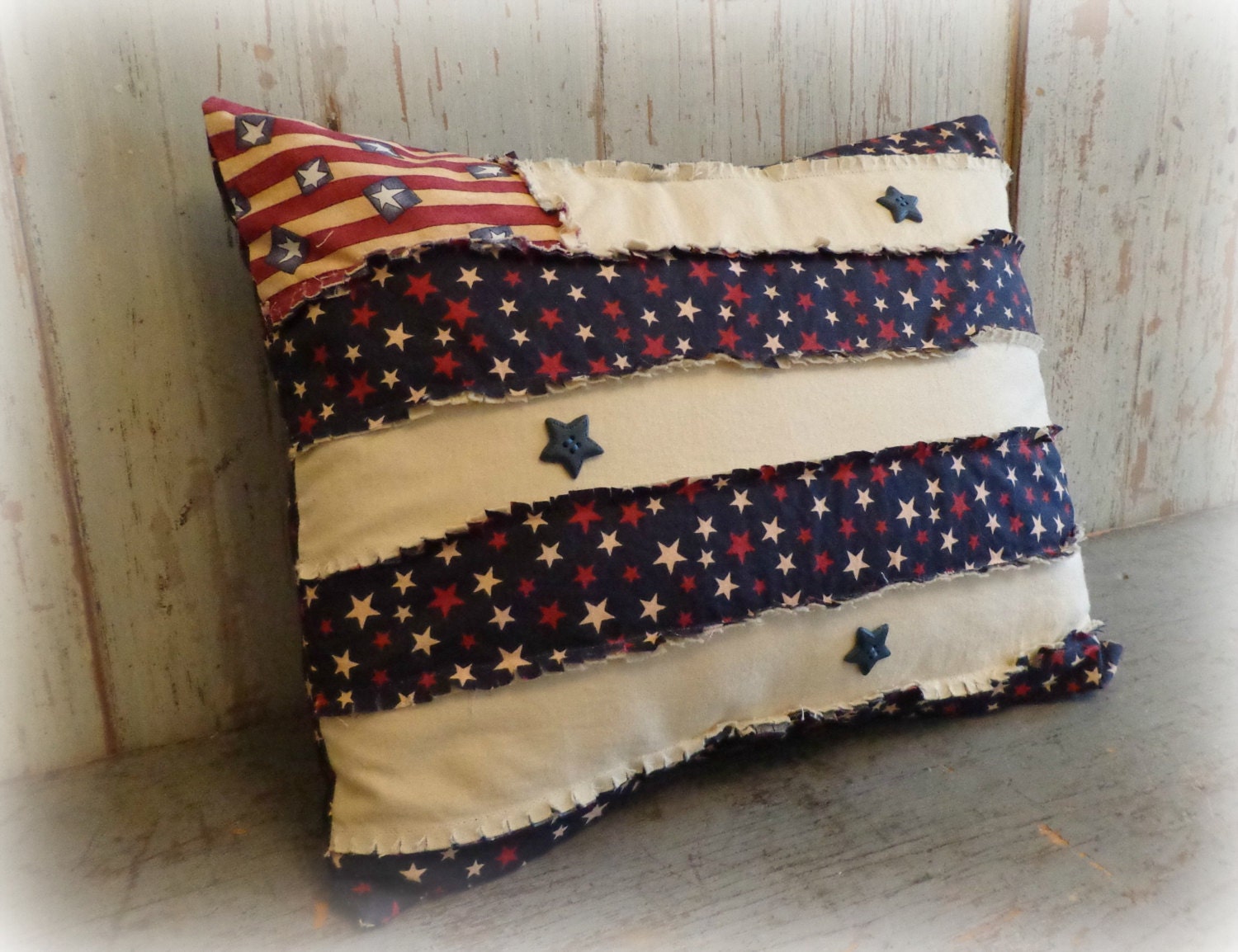 handmade pillow / rag style / americana / u.s.flag / rustic primitive country farmhouse / home & garden / cottage porch / EPSTeam