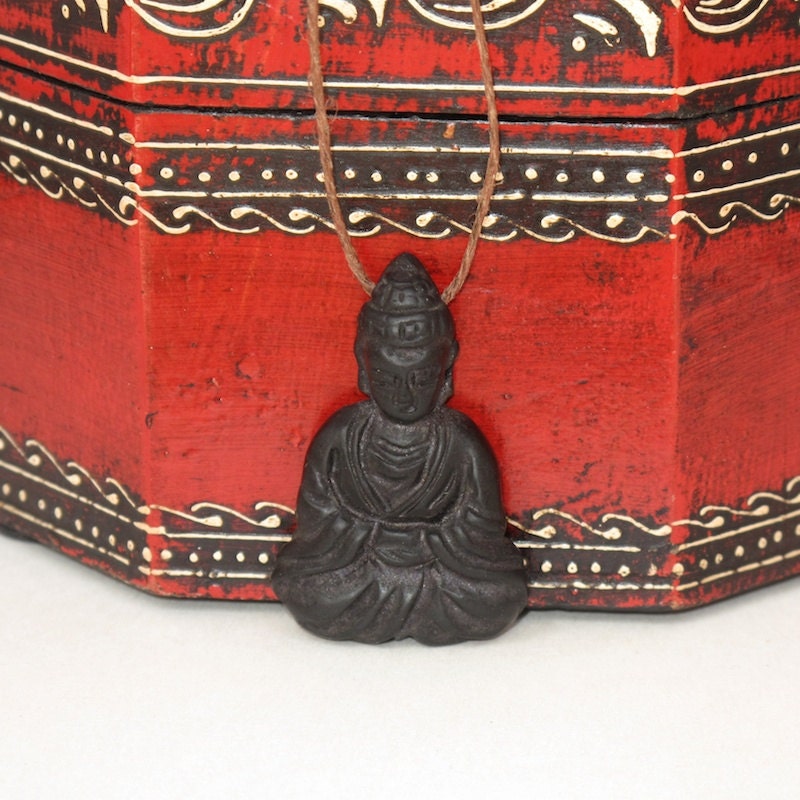 Buddha Necklace, Meditating Buddha Hangs Peacefully from Hemp Cord, Sitting Buddha, Zen, Yoga Necklace