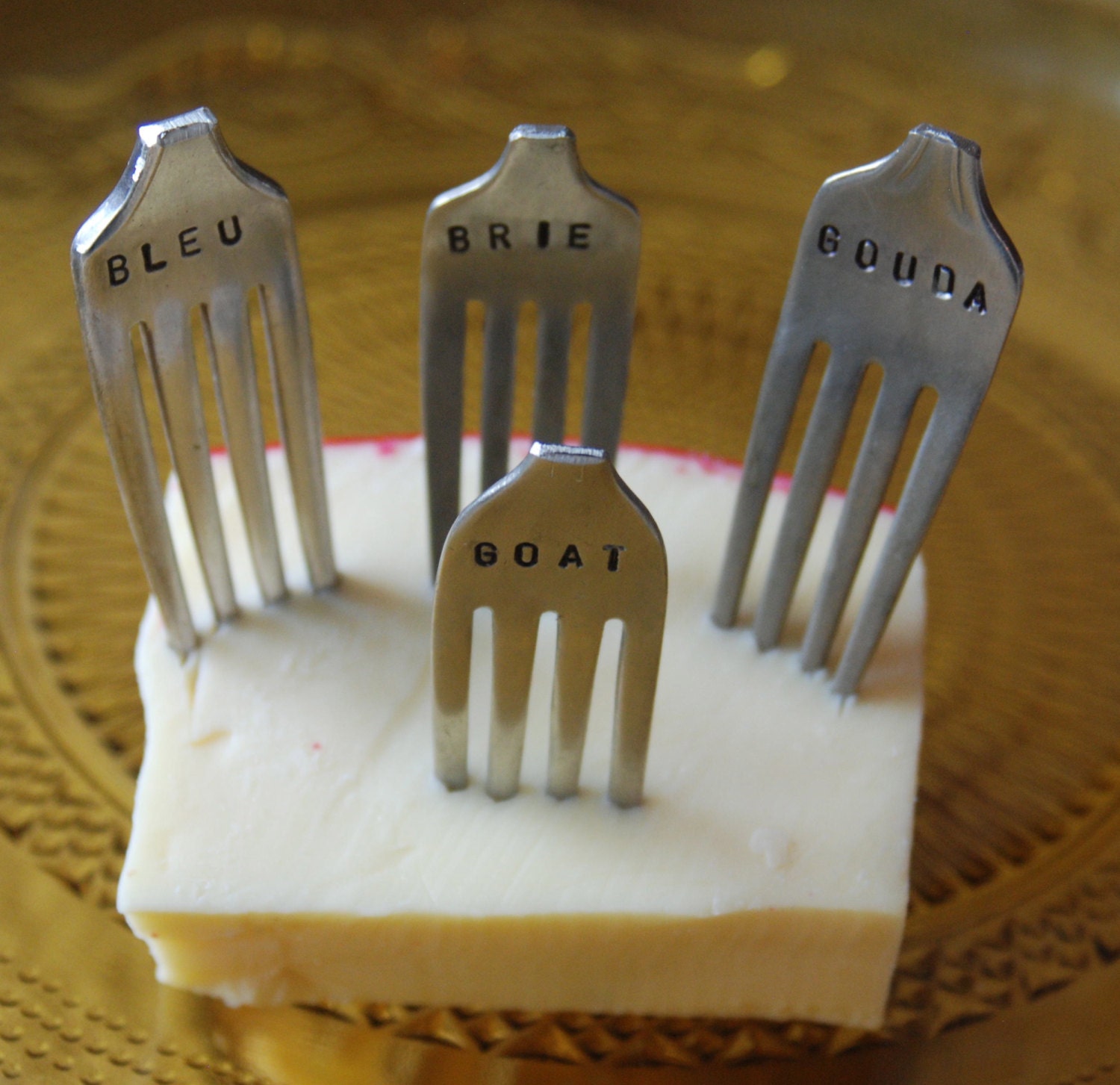 Set of 4 Hand Stamped Vintage Silver-plated Fork Cheese Markers
