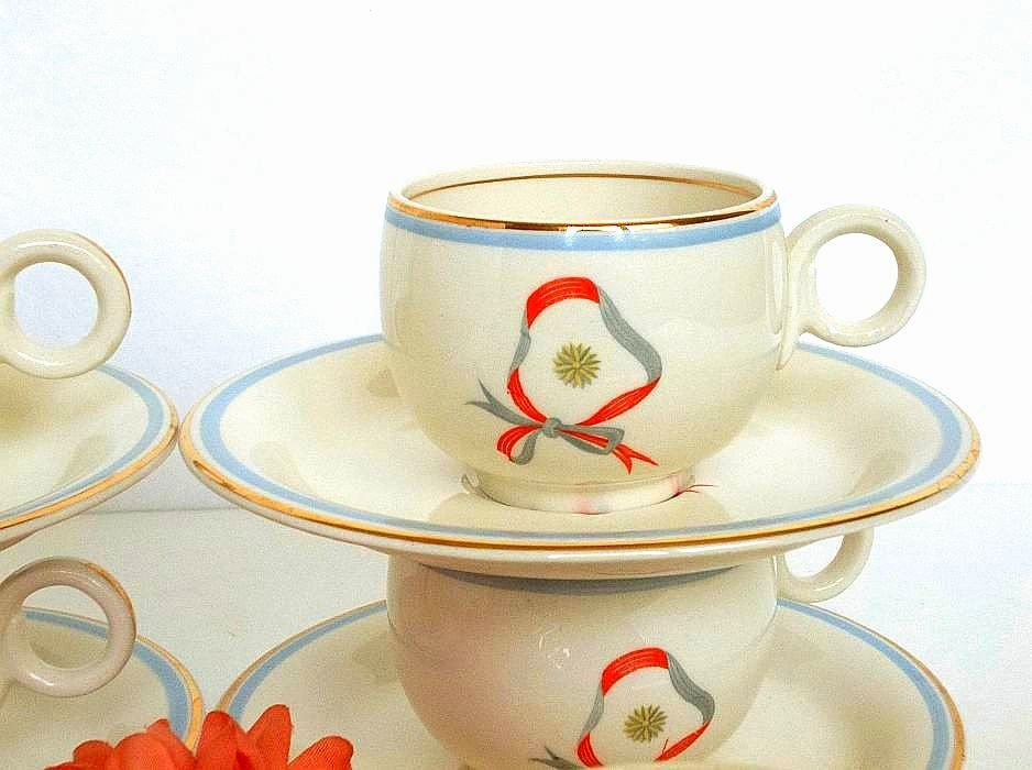 Antique Homer Laughlin FOUR set of Eggshell Demitasse 1940's 4 cups and 4 saucers teacups and saucers, swing shape, pattern 1702 EXCELLENT
