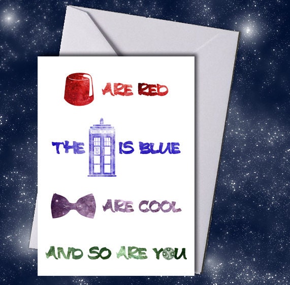 Doctor Who Inspired Rhyme Valentine's Day Card - 5x7 100lb. Satin Finish Cardstock - Geek-a-bye Baby - Sci-Fi Geek, Fez, Tardis, Bow Tie