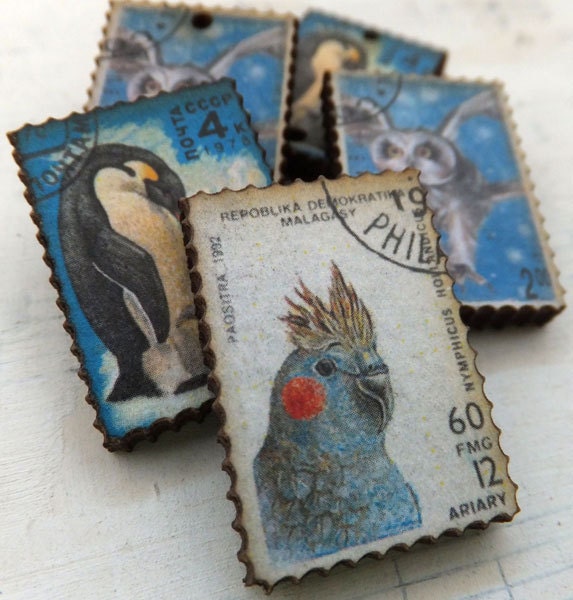6 BLUE BIRD POSTAGE Stamps Wood Cuts - Owl, Penguin, Cockatiel