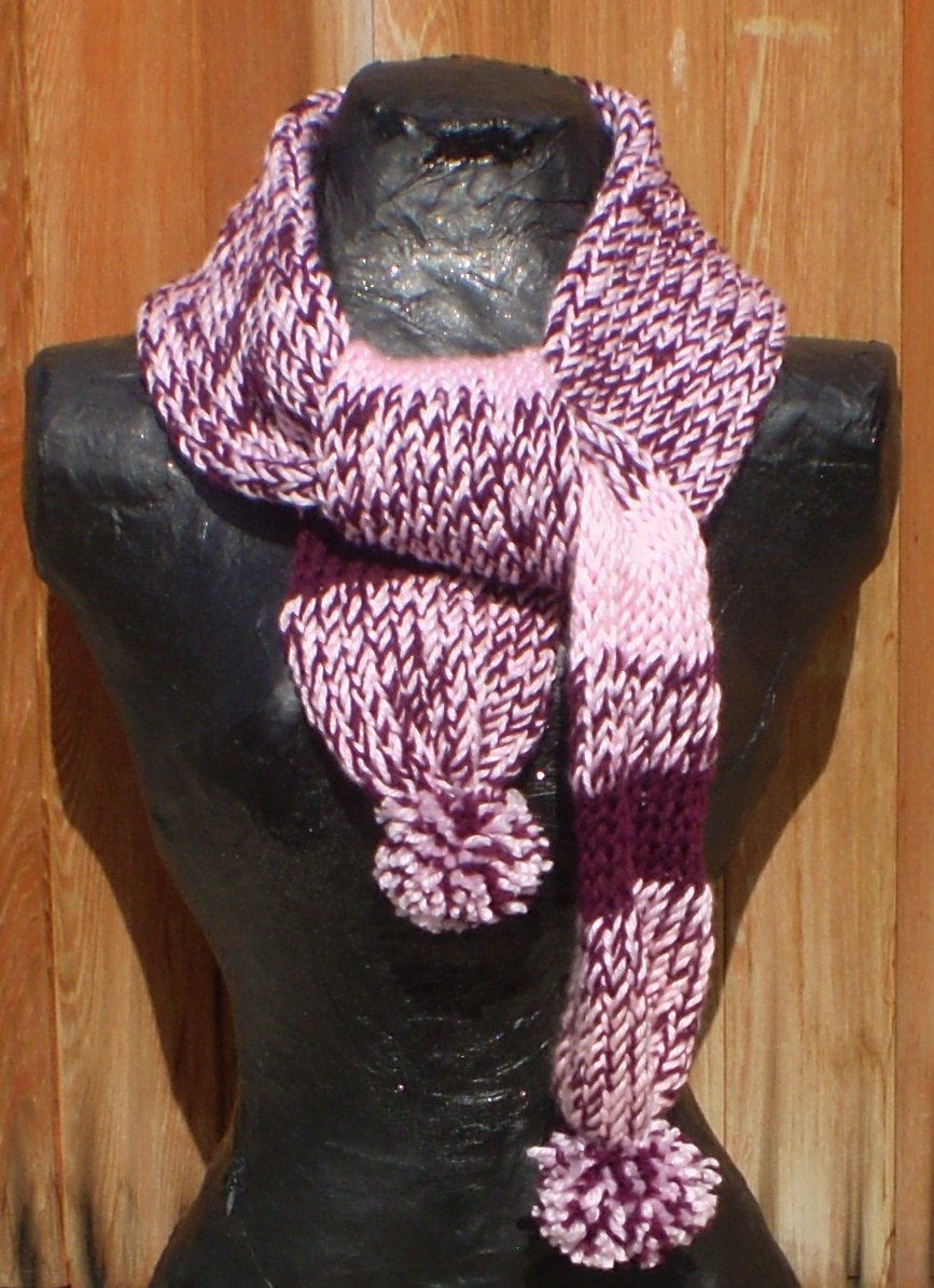 Knitted Scarf, Soft Pink and Burgundy Loom Knit with Pom Poms - Warm and Soft, Fashion Accessory