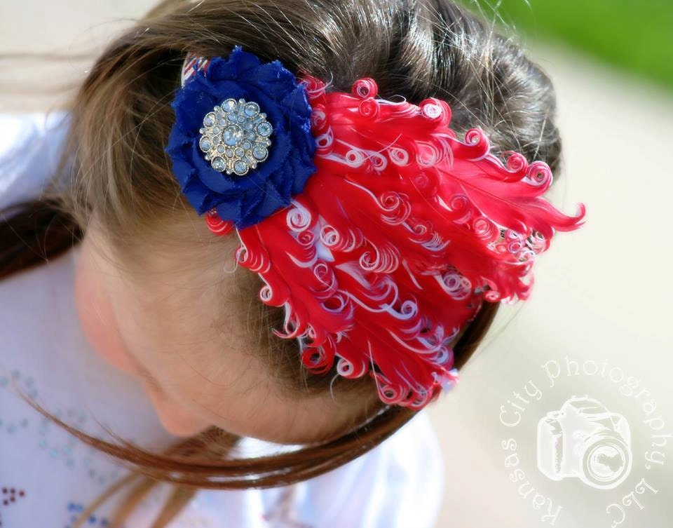 Red White and Blue Curly Feather Headband with Rhinestone Accent, Shabby Chic Rosette- Stars and Stripes Elastic Band- 4th of July, July 4th