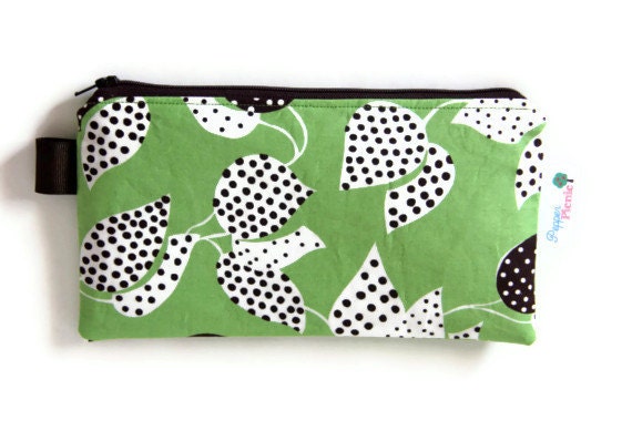 Pencil Case, Zippered Pouch, Leaf and Dot in Green, Brown, White, Flea Market Fancy Fabric, Lined with Brown Cotton