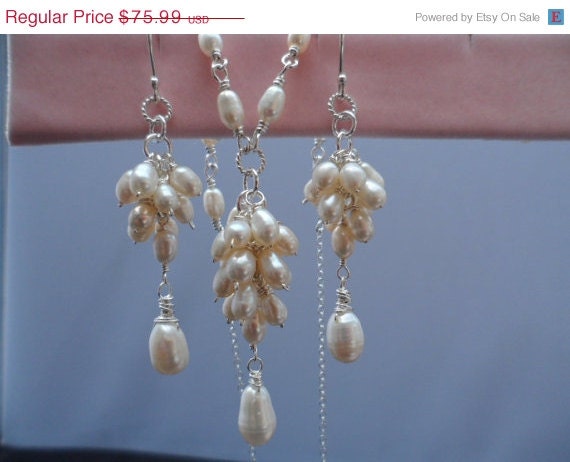 Genuine Pearl Cluster SET , Bridesmaid Gifts, Sterling Silver, Bridal Jewelry, Back Drop, Handmade Wedding Designs, Earrings and Necklace