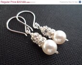 White Pearl and Rhinestone Bridal Earrings - Bridesmaid Gifts, Flower Girl Gifts, Maid of Honor Gifts, Birthday Gifts