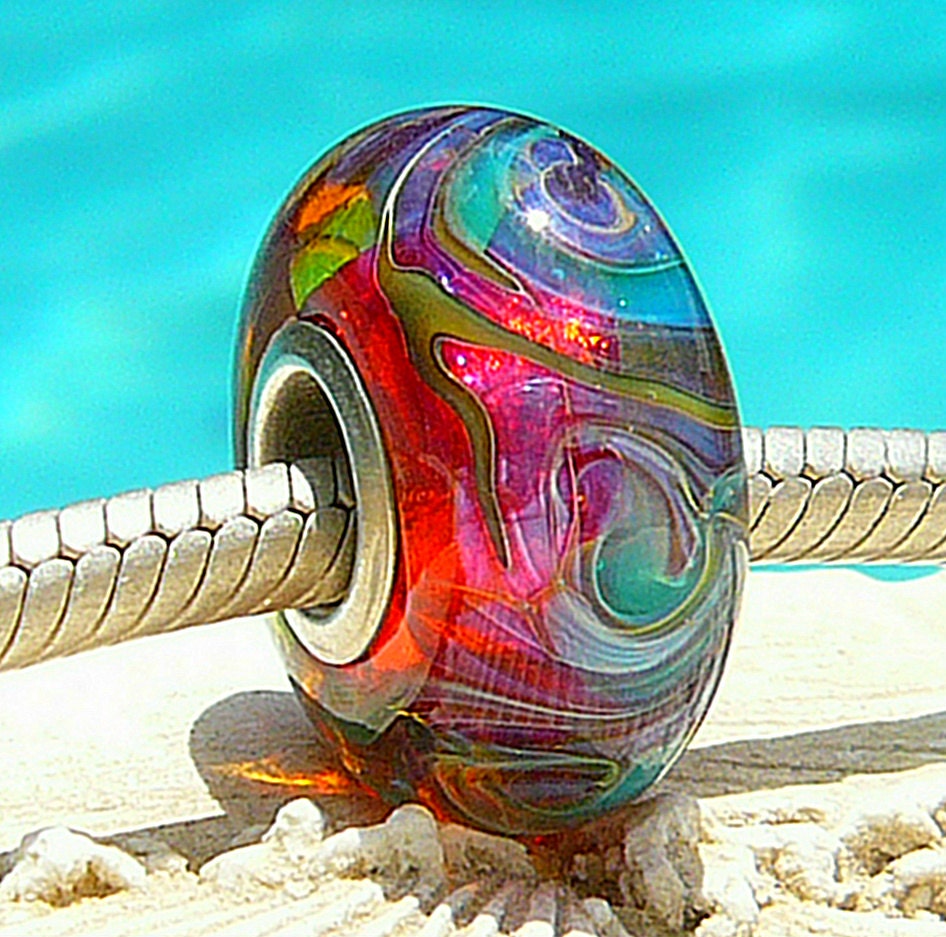EXOTIC PINK OPAL Fully Lined Sterling Silver Big Hole Bead Chamilia fits Trollbeads and European Charm Handmade Lampwork