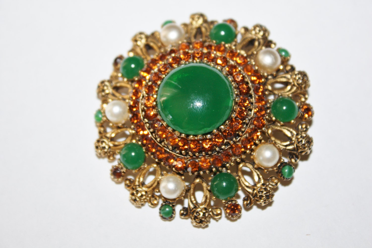 Vintage Brooch Chunky Green Rhinestone Pearl 1950s Jewelry