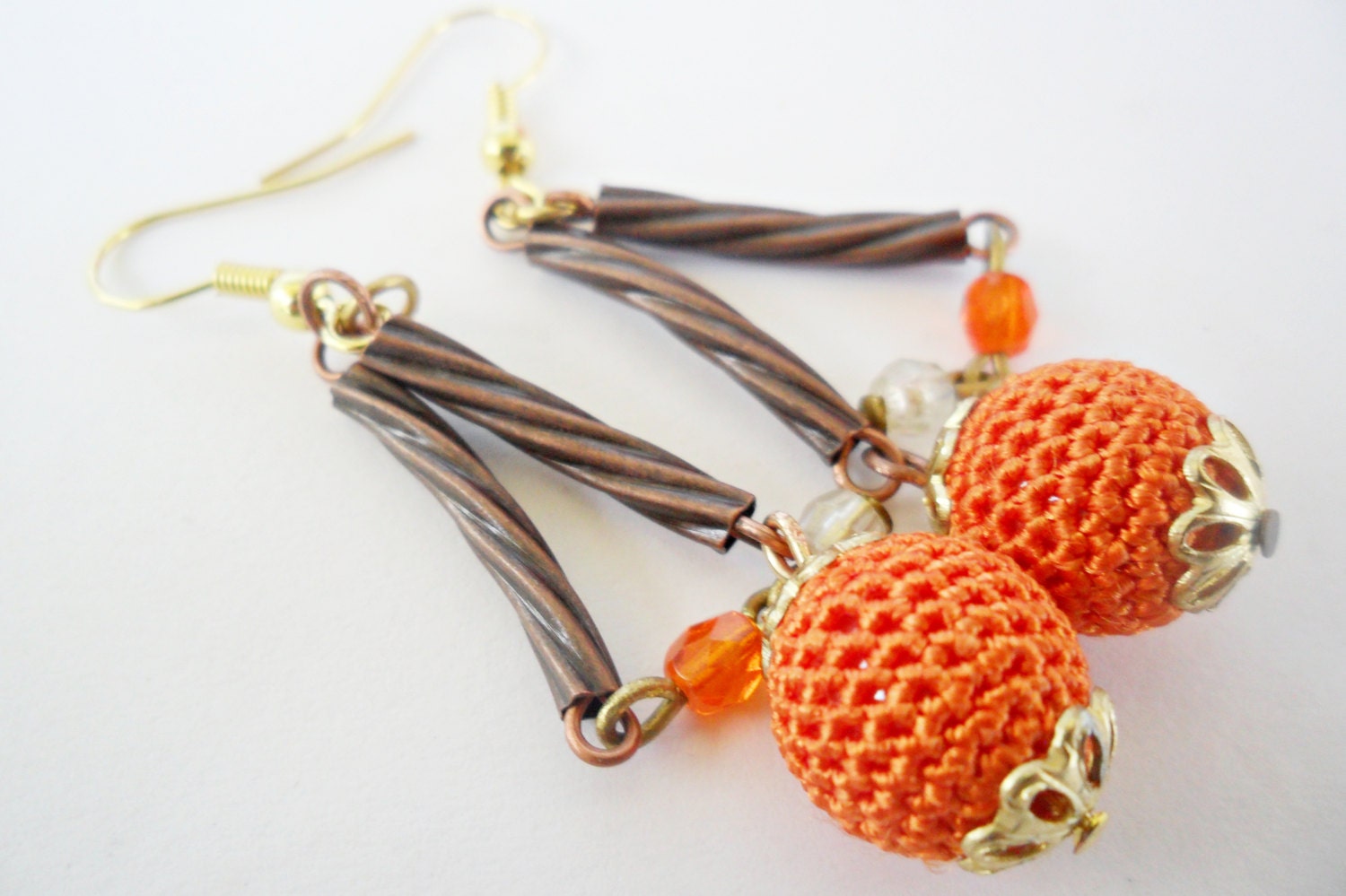 Free shipping - Orange Crocheted bead earrings