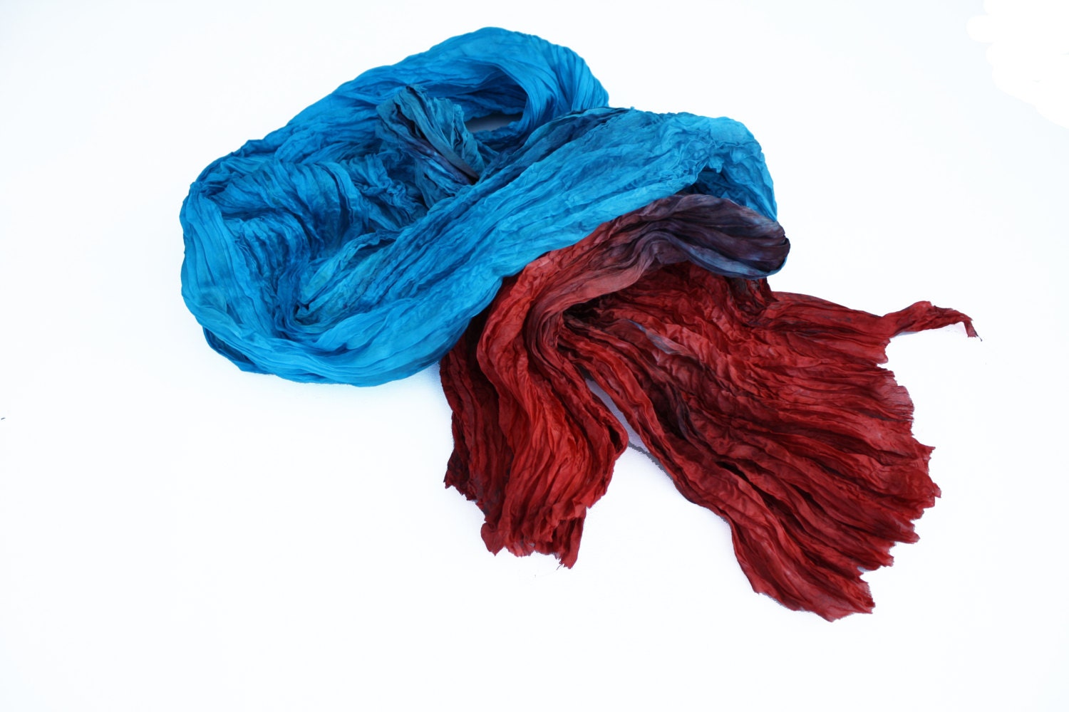 Afar Breezes -  turquoise, sea blue, blue, terracota, coral, red silk scarf.