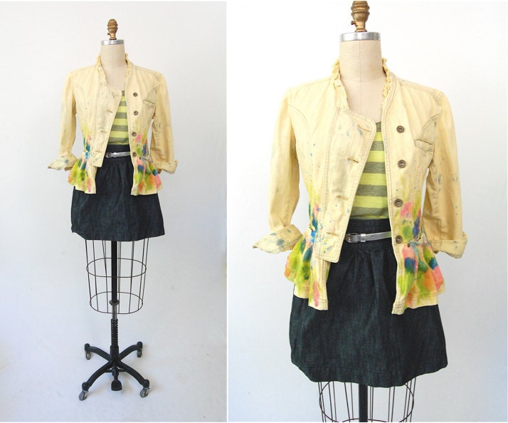 Bleached hand painted denim jacket splatter graffiti / Anthropologie upcycled distressed rocker peplum / M L medium large