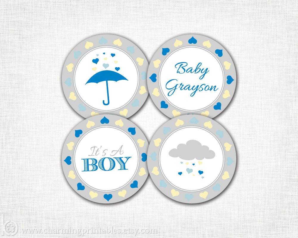 Rain Shower Baby Shower Cupcake Toppers - Baby Boy -  PRINTABLE DIY Digital File - Baby Shower Party Circles - Rain Shower Collection