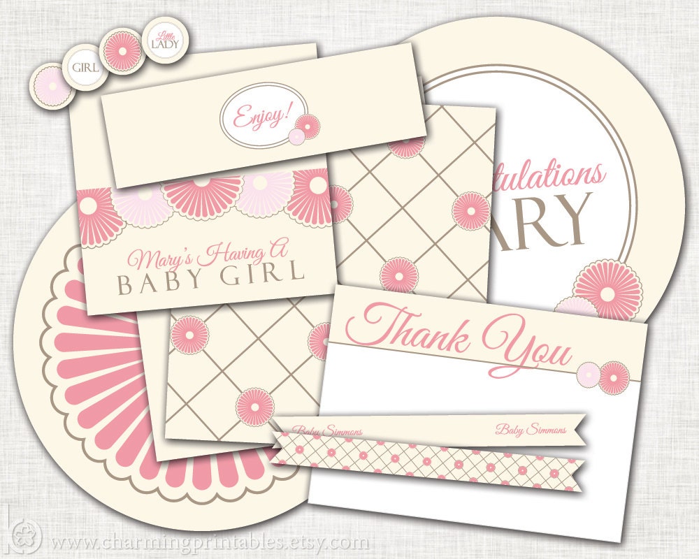 Baby Shower Package - Baby Girl - PRINTABLE Shower Set (Labels, Tags, Wrappers, Thank You, Flags) - Vintage Baby Shower Il_570xn