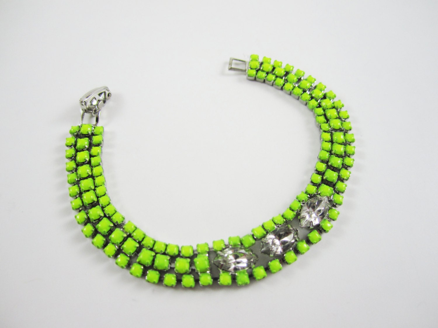 The Anna - One Of A Kind - Vintage 1950s Hand Painted Rhinestone Bracelet - Neon Yellow