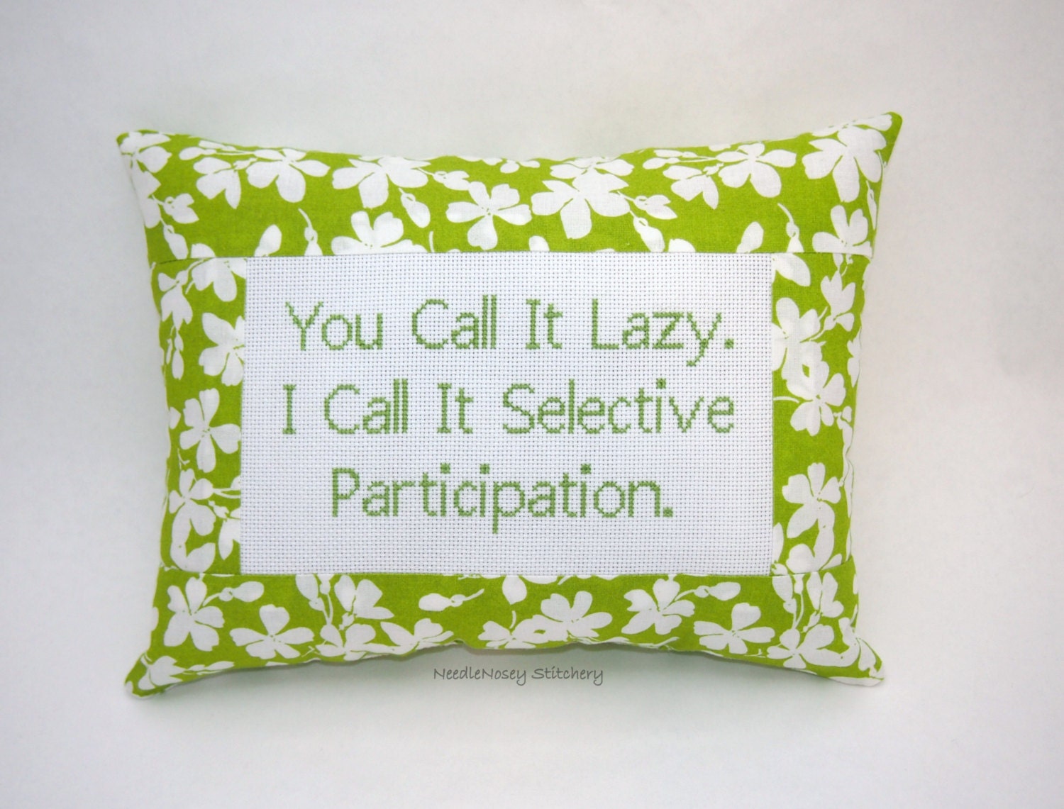 Funny Cross Stitch Pillow, Lime Green Pillow, Lazy Quote