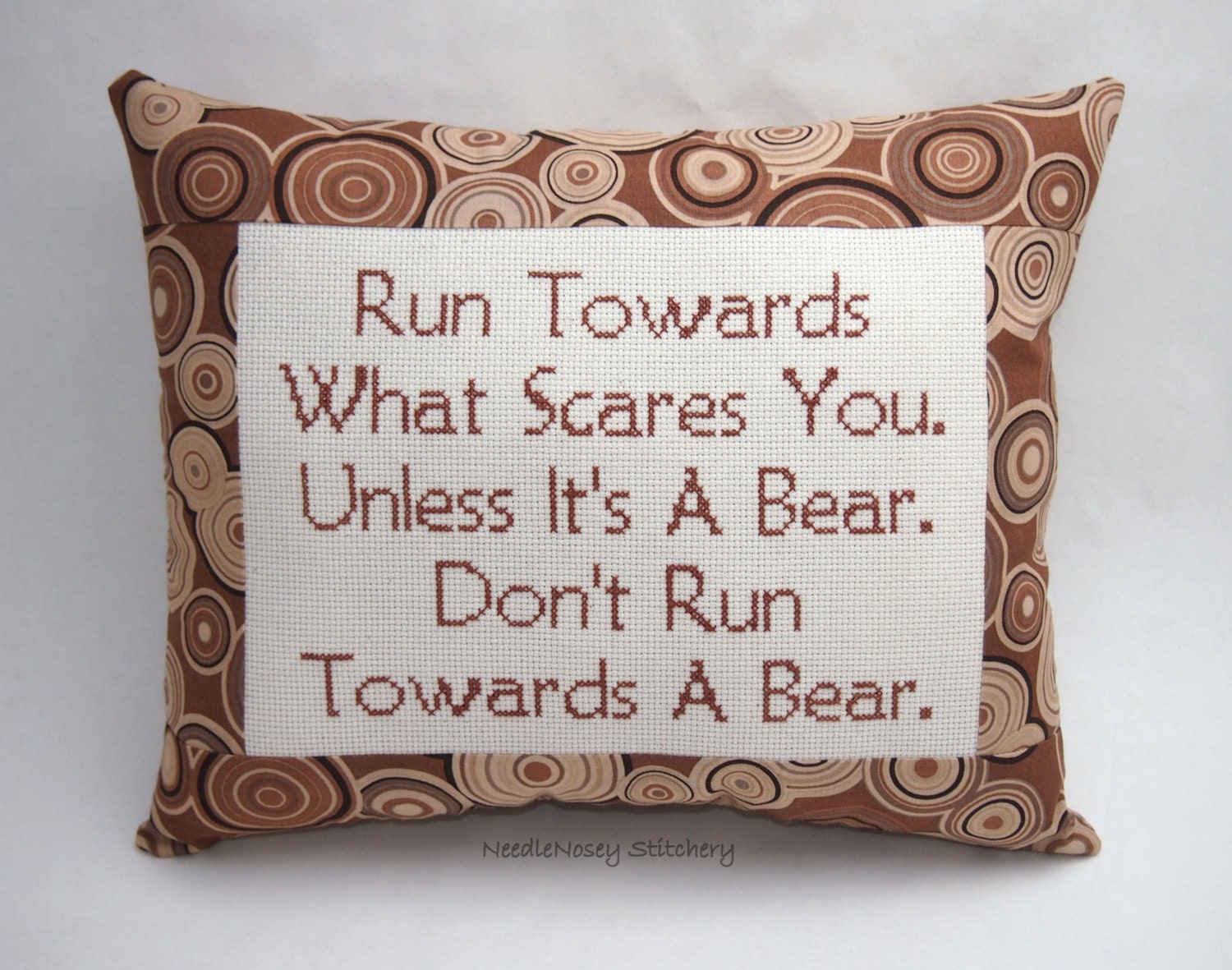 Funny Cross Stitch Pillow, Brown Pillow, Courage Quote