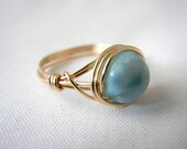 Larimar Ring, 14kt Gold Fill Wire Wrapped Ring, Bridesmaid Gift, Larimar Jewelry, Blue Semi-Precious Stone