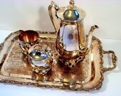 Wedding decor, Vintage Silver plate Tray and Coffee Pot set complete with Cream and Covered Sugar bowl