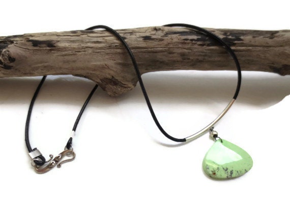 Lemon Chrysoprase Heart Sterling Silver Necklace on Black Greek Leather Cord ... Lime Green Heart