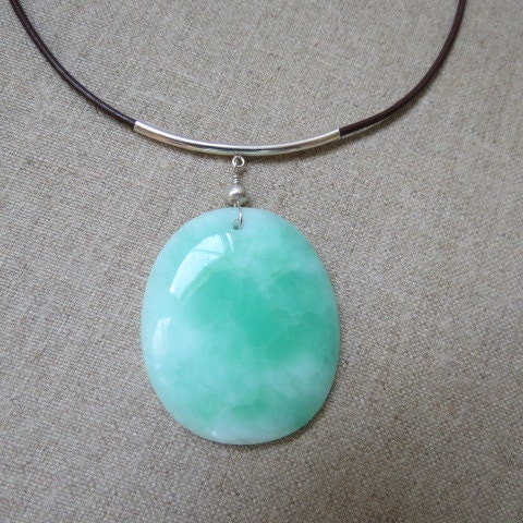 Large Chrysoprase Highly Polished Pendant on Dark Brown Cord Sterling Silver Necklace