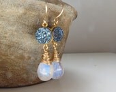 Rainbow Moonstone and Sparkling Dark Blue Druzy Bezel Set Vermeil and Gold Filled Earrings