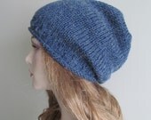 Blue Alpaca Slouchy Beanie Slouch Unisex Hats Oversized Baggy Heather Blue Hand Made Knit Men Women