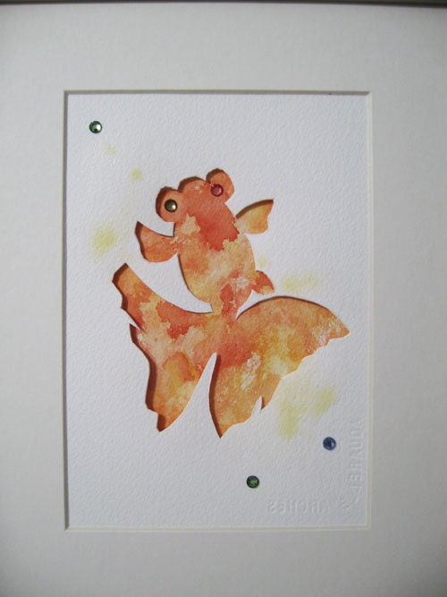 Fish, goldfish, art, paper art work, watercolor, watercolor painting, Orange Goldfish ---- original watercolor painting with Swarovski