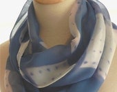 Silk Infinity Scarf Hand Dyed "Blue Polka-Blocks" Hauli Silk Gauze Shibori Blue and White Spring Scarf for Women with Pink Highlights