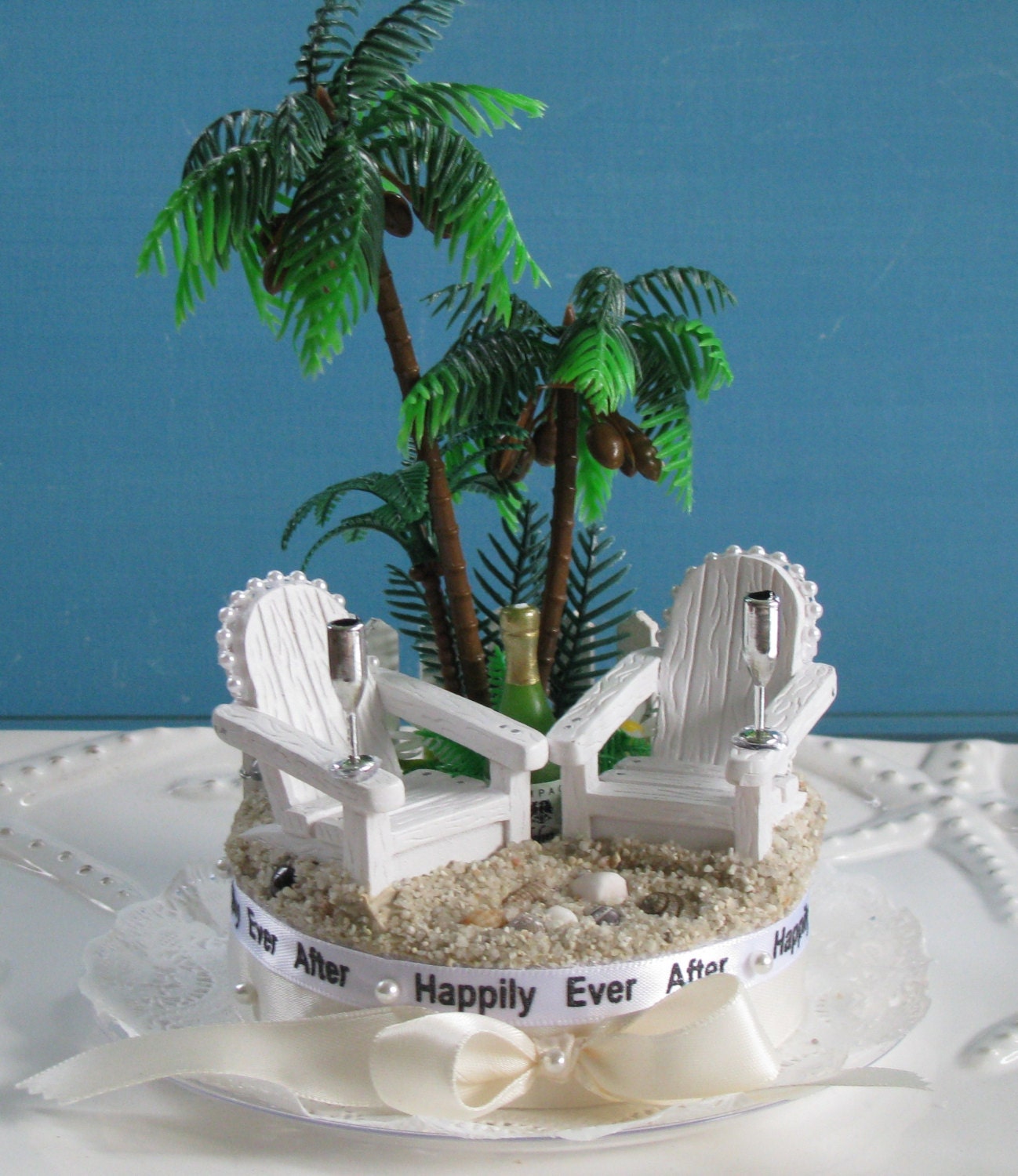 Adirondack Chairs Palm Trees Beach Wedding Cake Topper-Champagne Bottle-Flutes-Seashell Wedding Cake Topper
