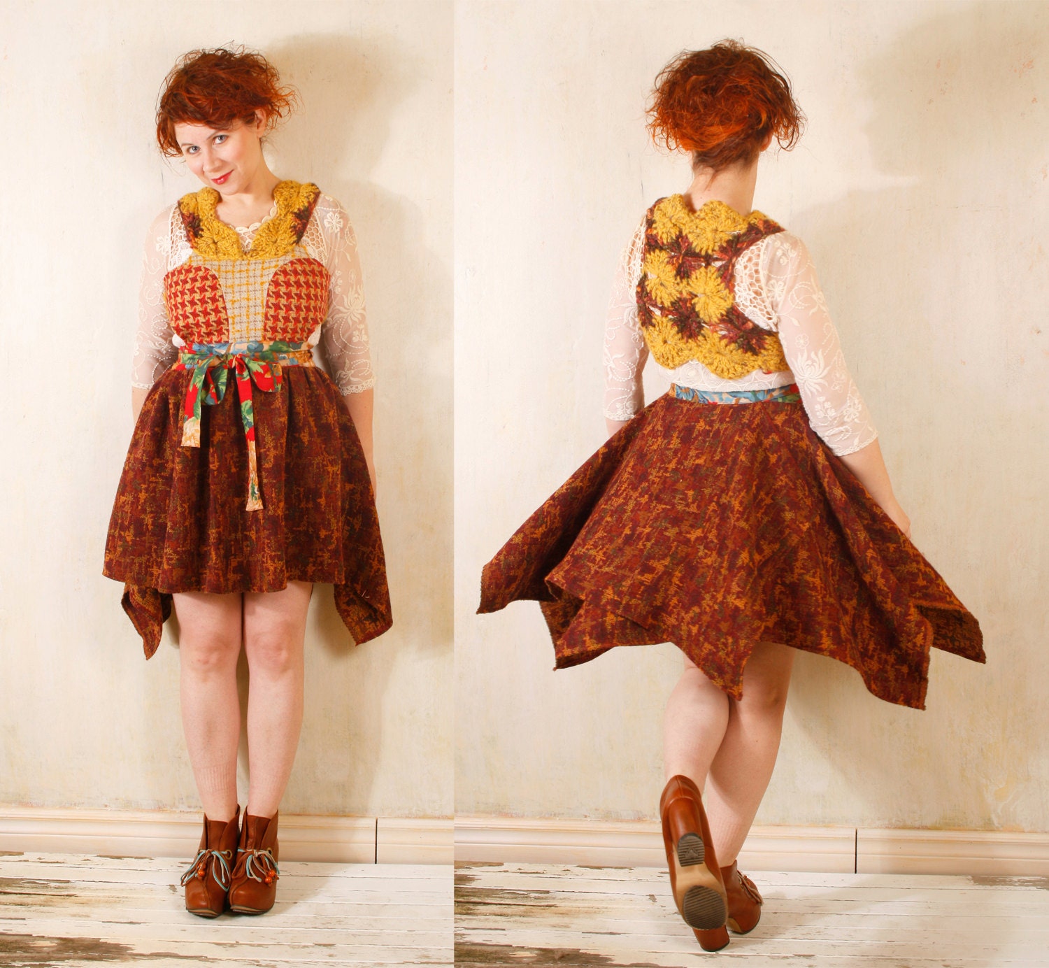 Crochet dress woman Winter dress Gypsy dress Patchwork dress  Woodland dress Fairytale dress Bohemian dress Festival dress Yellow red dress